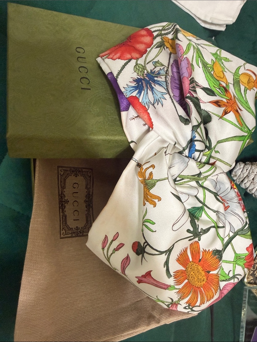 Authentic Gucci White Floral Silk Scarf Headband with Multicolor Blooms